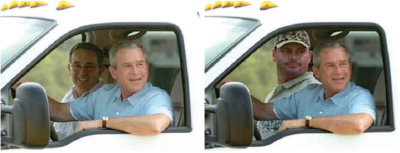Figure 7-11 Example of real (on the left) and altered photo (on the right). The real photo was taken on President Bush’s ranch with the baseball player Roger Clemmons at the same time Hurricane Katrina was hitting the coast.